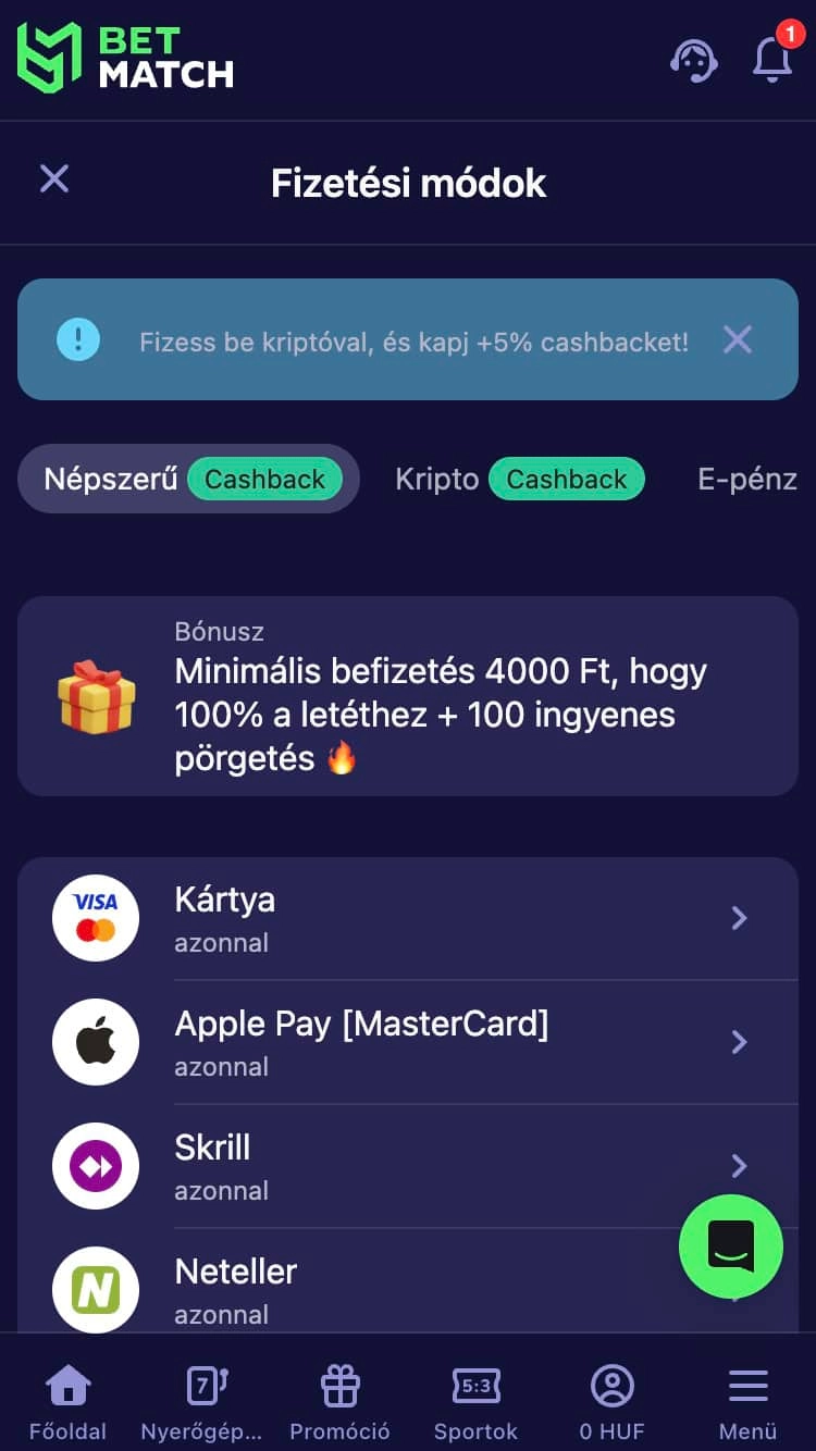 Befizetés a BetMatch promo code aktiválásához